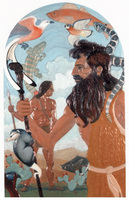Carved polychrome wood panel by David Everett depicting Cabeza de Vaca. Southwestern Writers Collection, Texas State University-San Marcos.