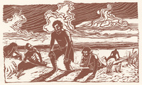 Cabeza de Vaca and a handful of other survivors wash ashore on what would later be known as Galveston Island. By Barbara Whitehead. Southwestern Writers Collection, Texas State University-San Marcos.